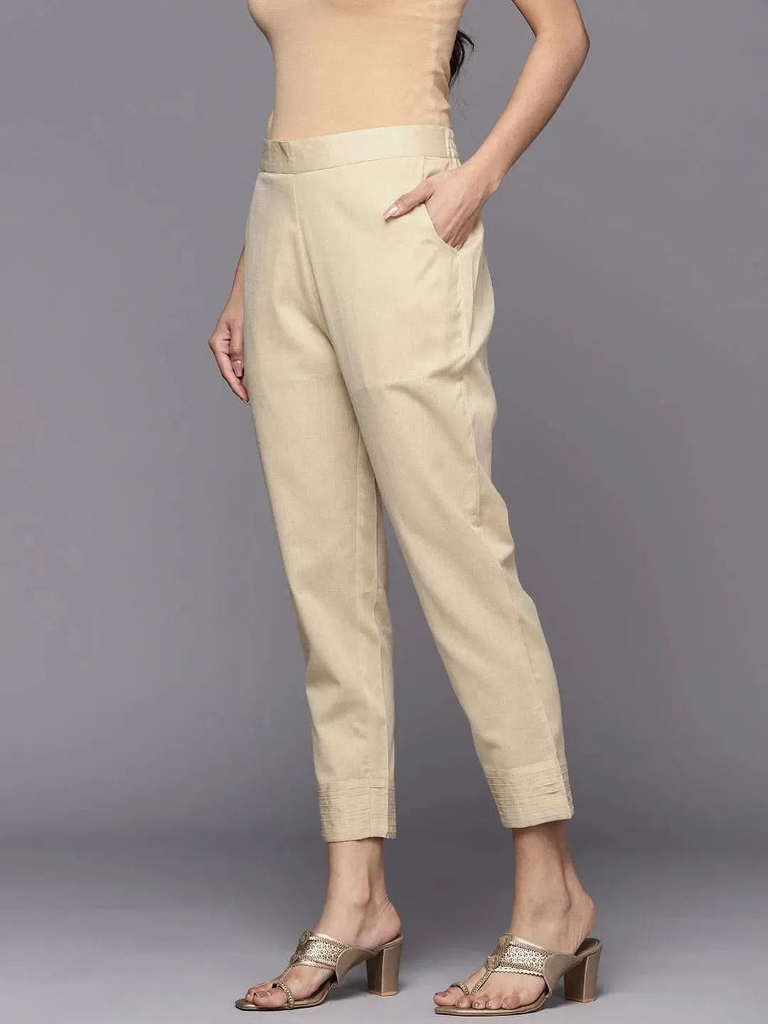 Anouk Beige Solid Cotton Trousers