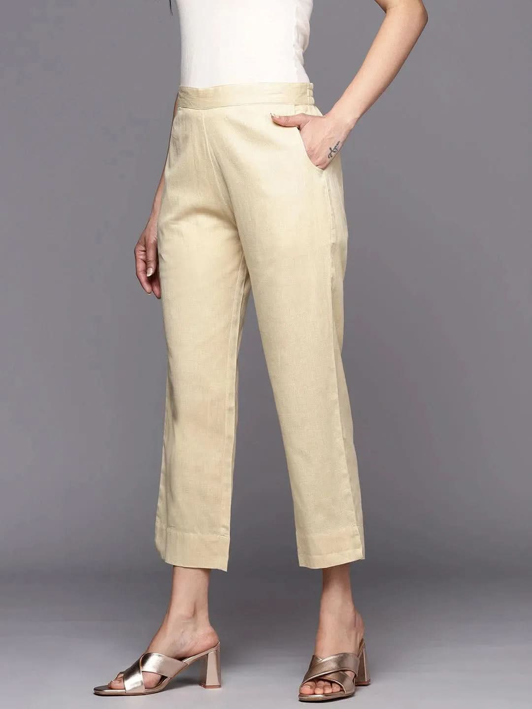 Anouk Beige Solid Cotton Trousers