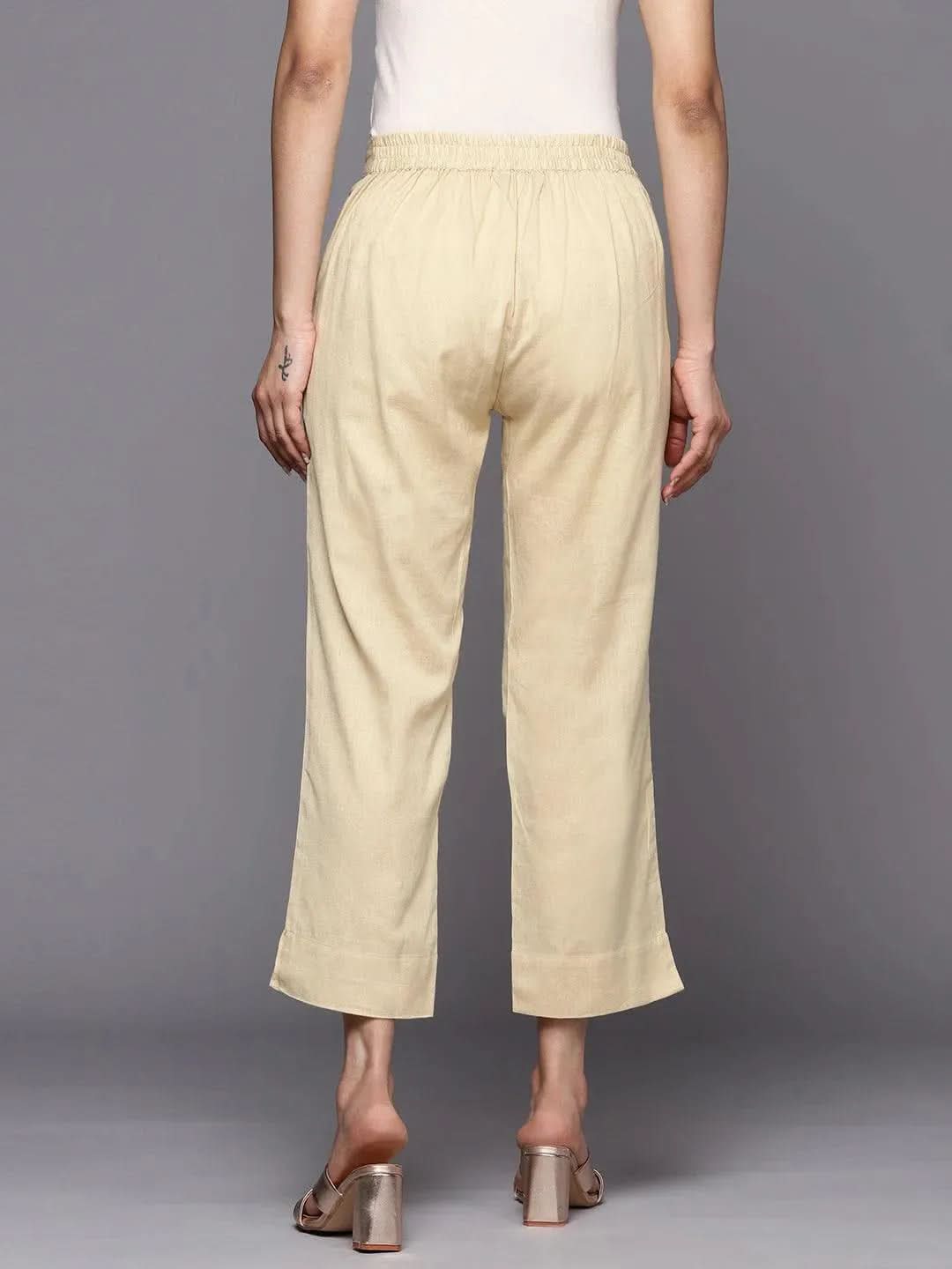 Anouk Beige Solid Cotton Trousers
