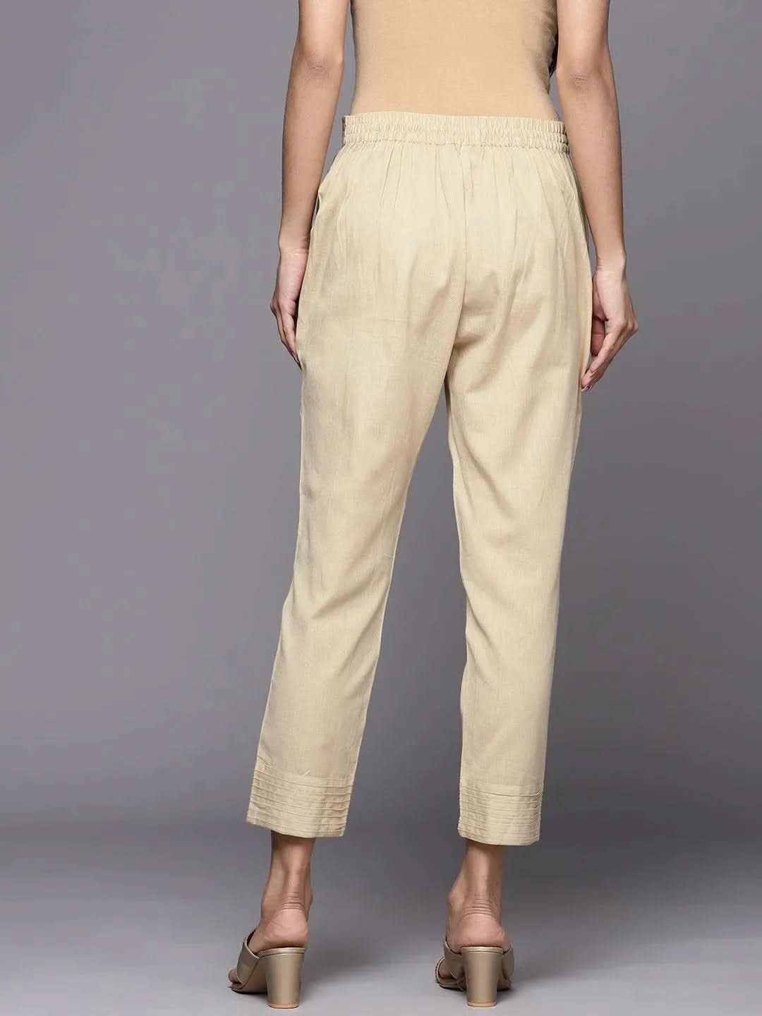Anouk Beige Solid Cotton Trousers