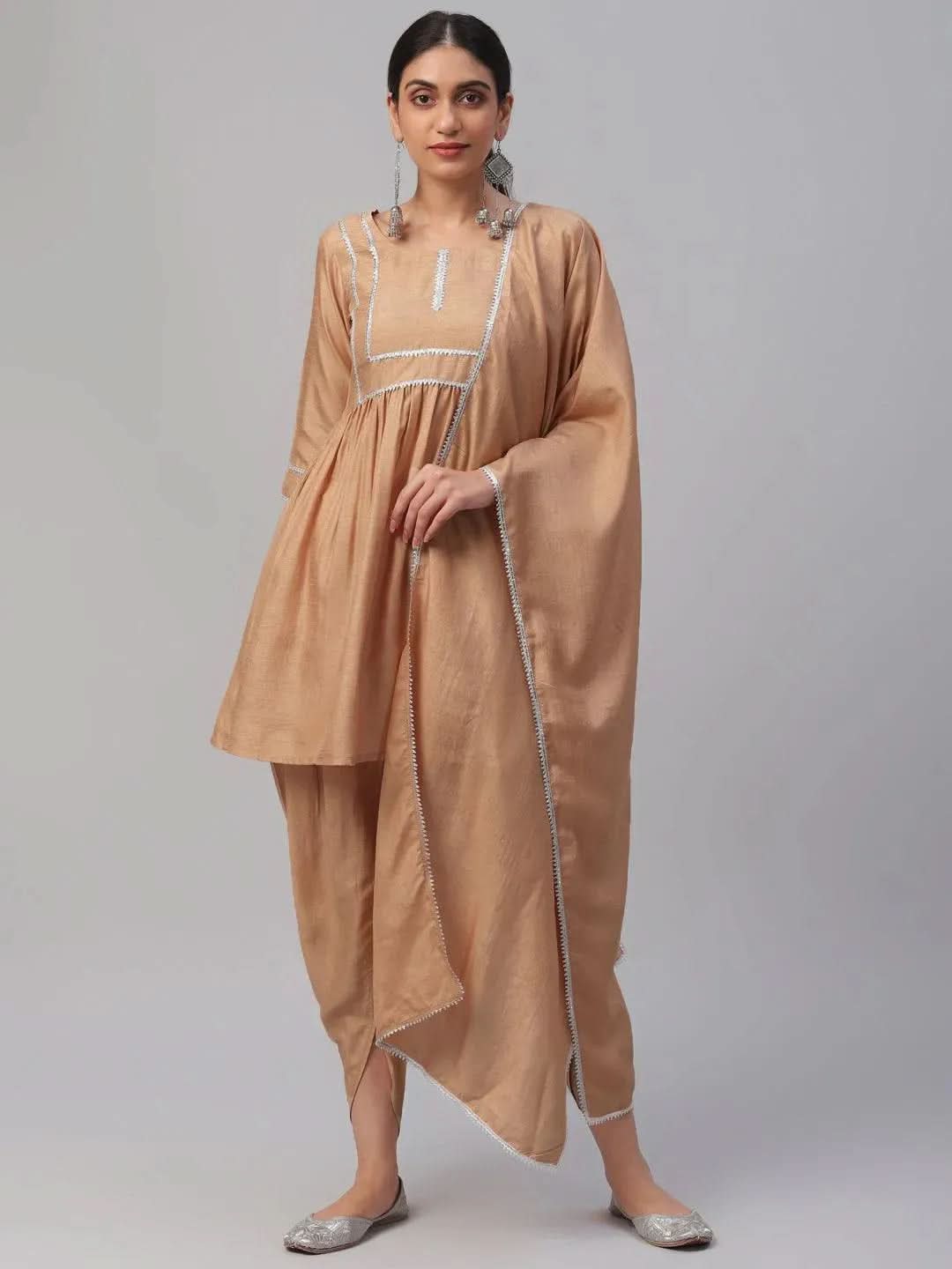 Anouk Beige Solid Polyester A-Line Kurta With Dhoti Pant & Dupatta