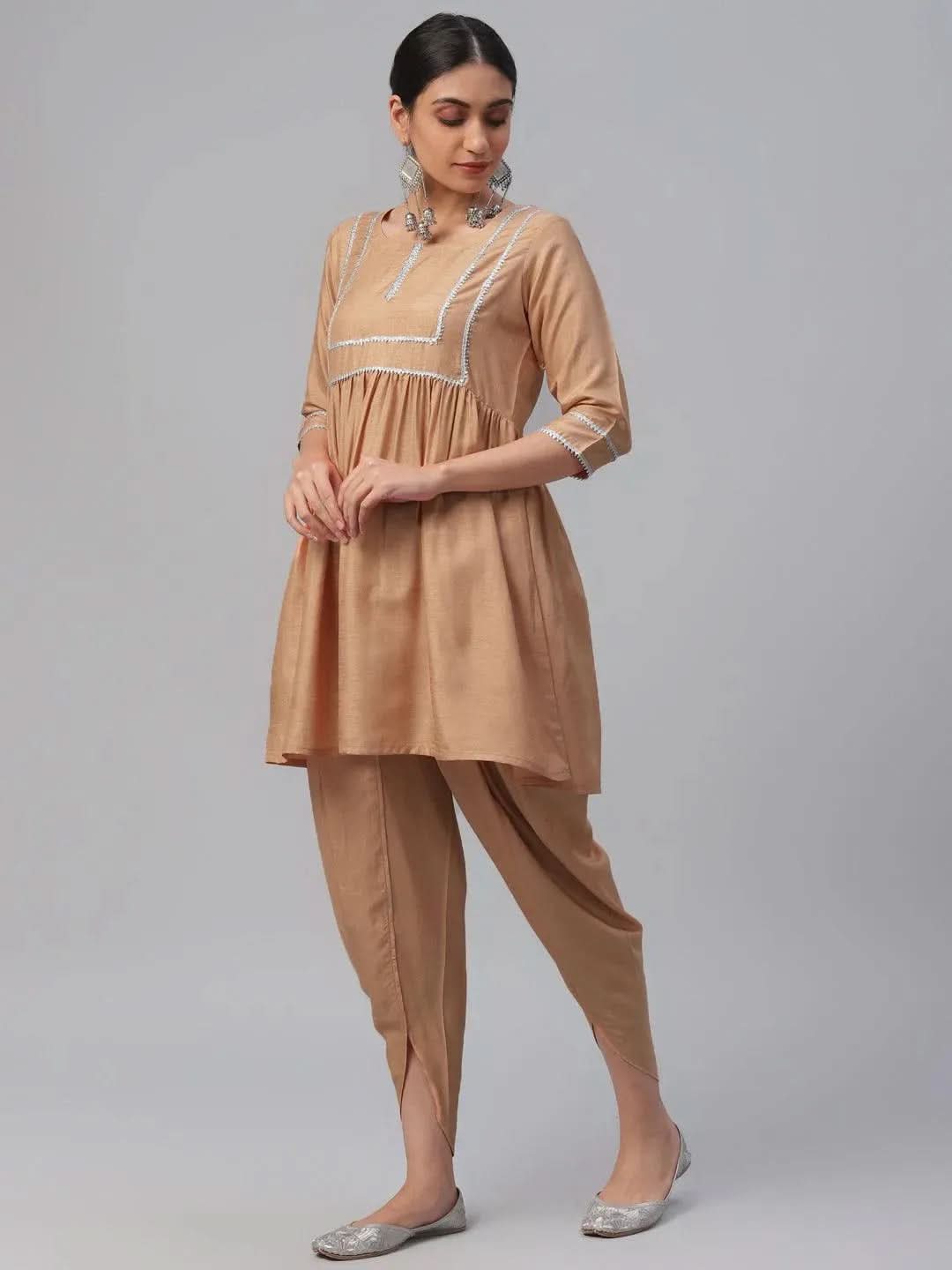 Anouk Beige Solid Polyester A-Line Kurta With Dhoti Pant & Dupatta