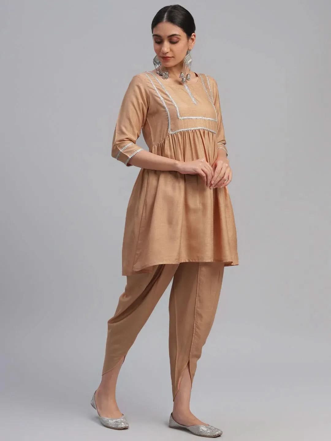 Anouk Beige Solid Polyester A-Line Kurta With Dhoti Pant & Dupatta