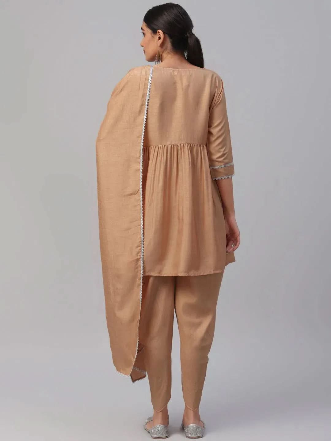 Anouk Beige Solid Polyester A-Line Kurta With Dhoti Pant & Dupatta