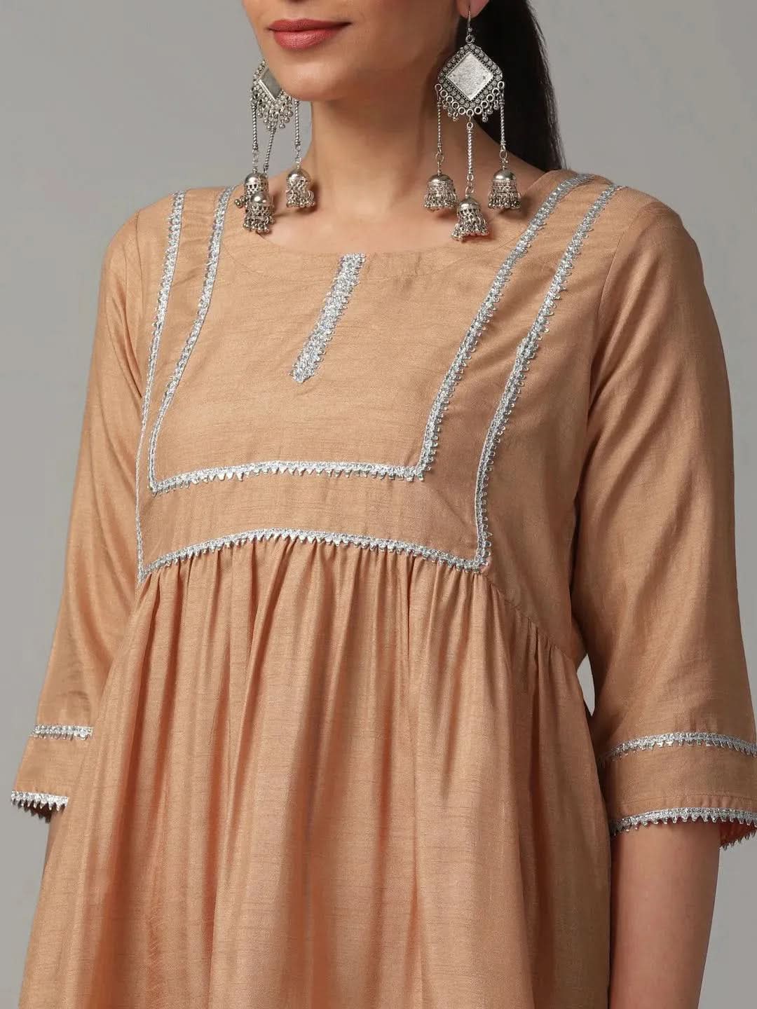 Anouk Beige Solid Polyester A-Line Kurta With Dhoti Pant & Dupatta