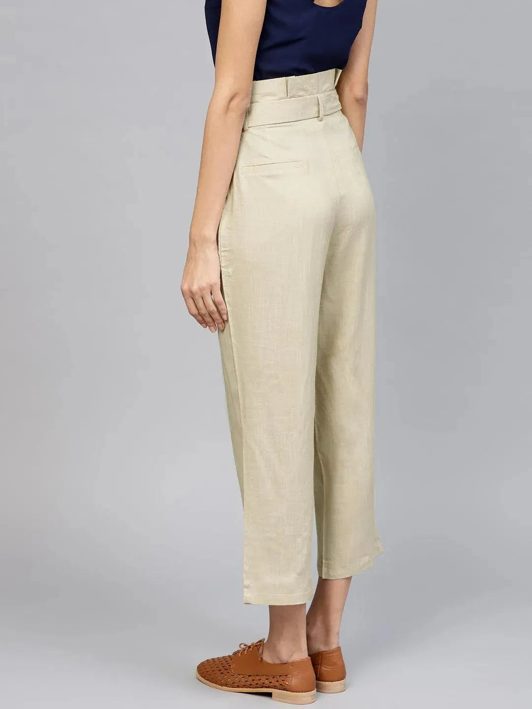 Anouk Beige Solid Rayon Trousers