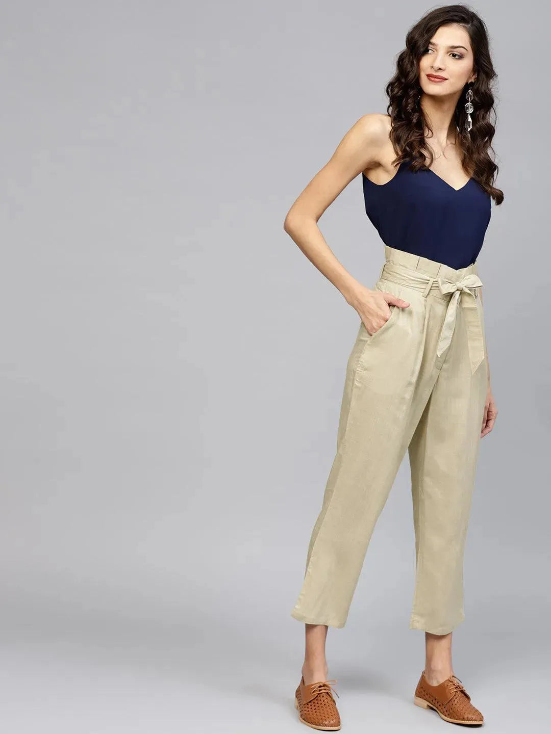 Anouk Beige Solid Rayon Trousers