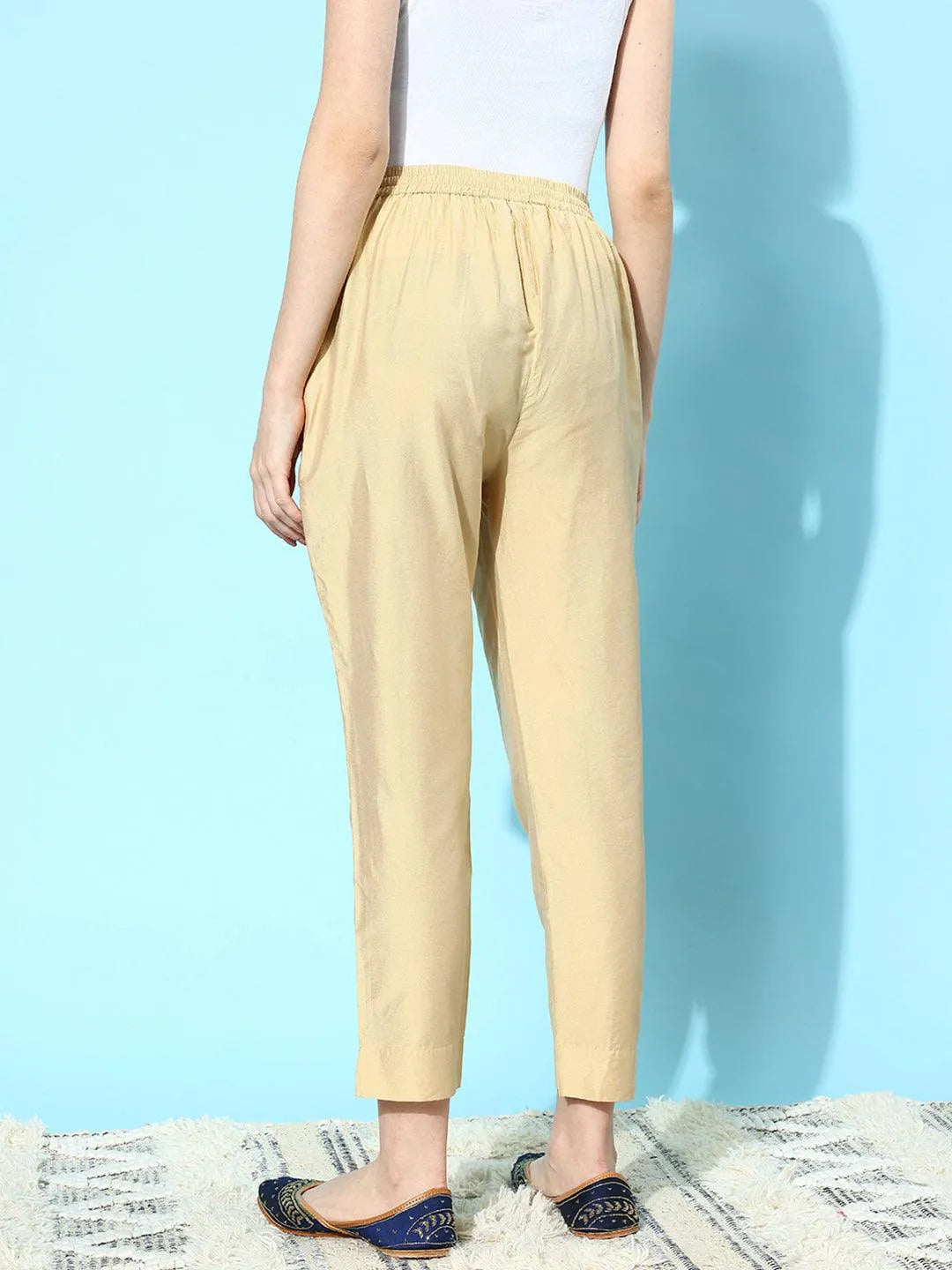 Anouk Beige Solid Silk Trousers