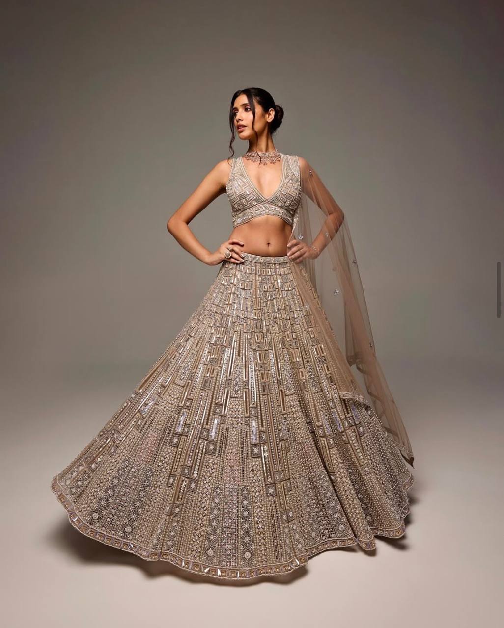 Beige Special Moments Net Lehenga Set with Sequins, Dori & Thread Work