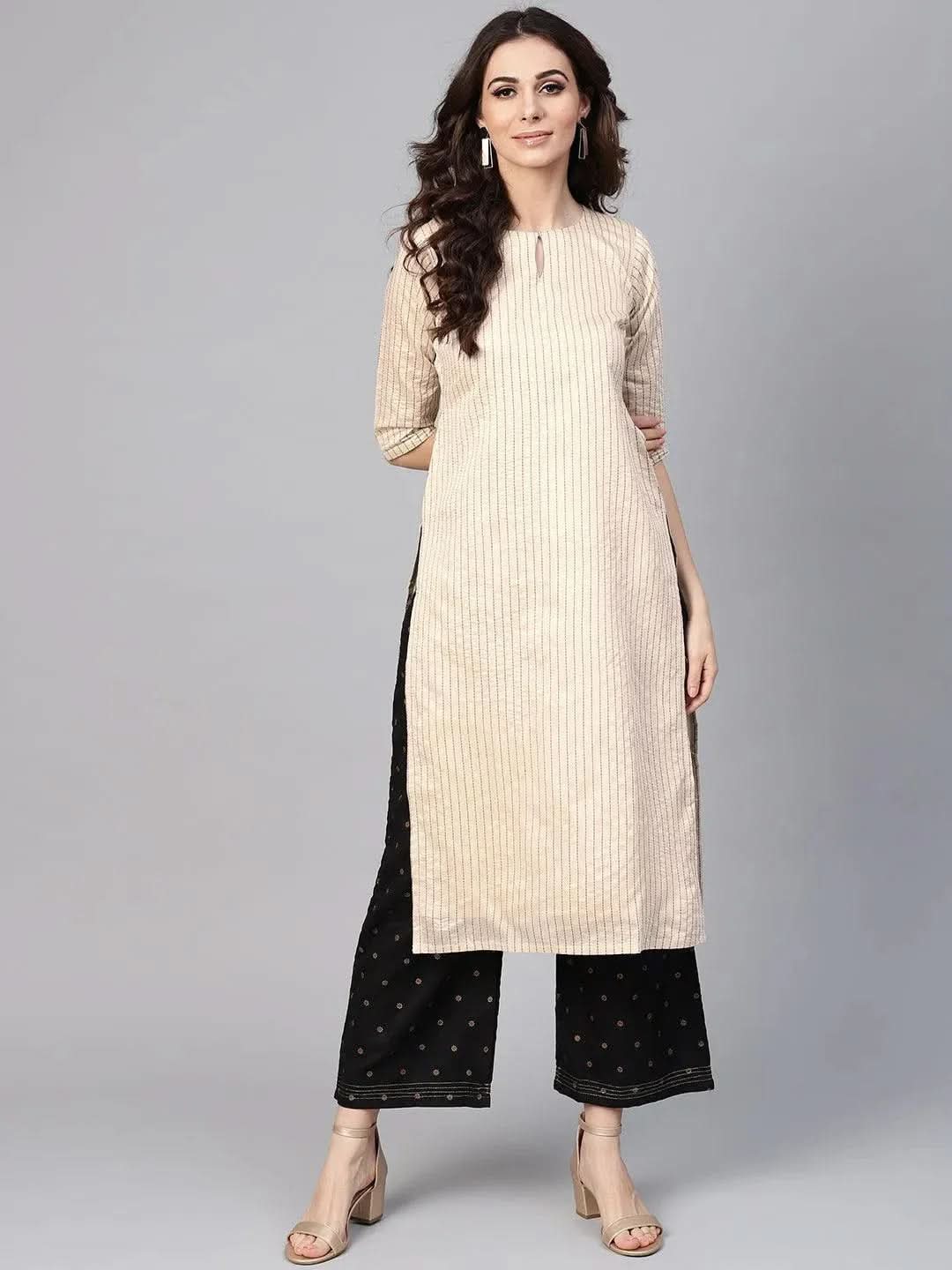 Anouk Beige Striped Chanderi Kurta