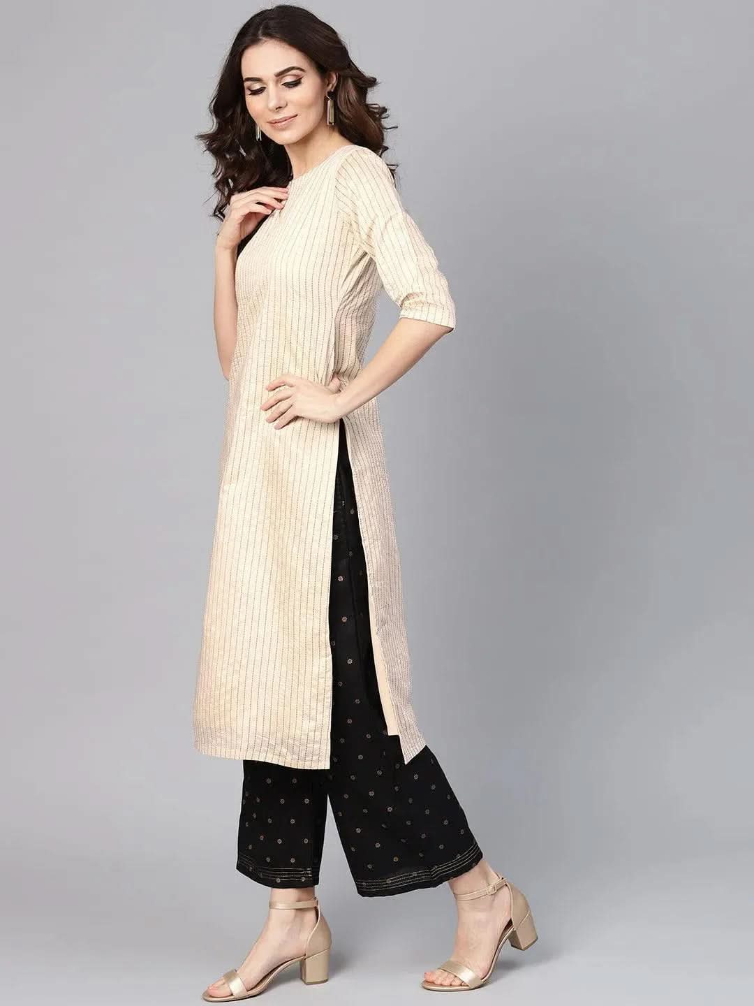 Anouk Beige Striped Chanderi Kurta