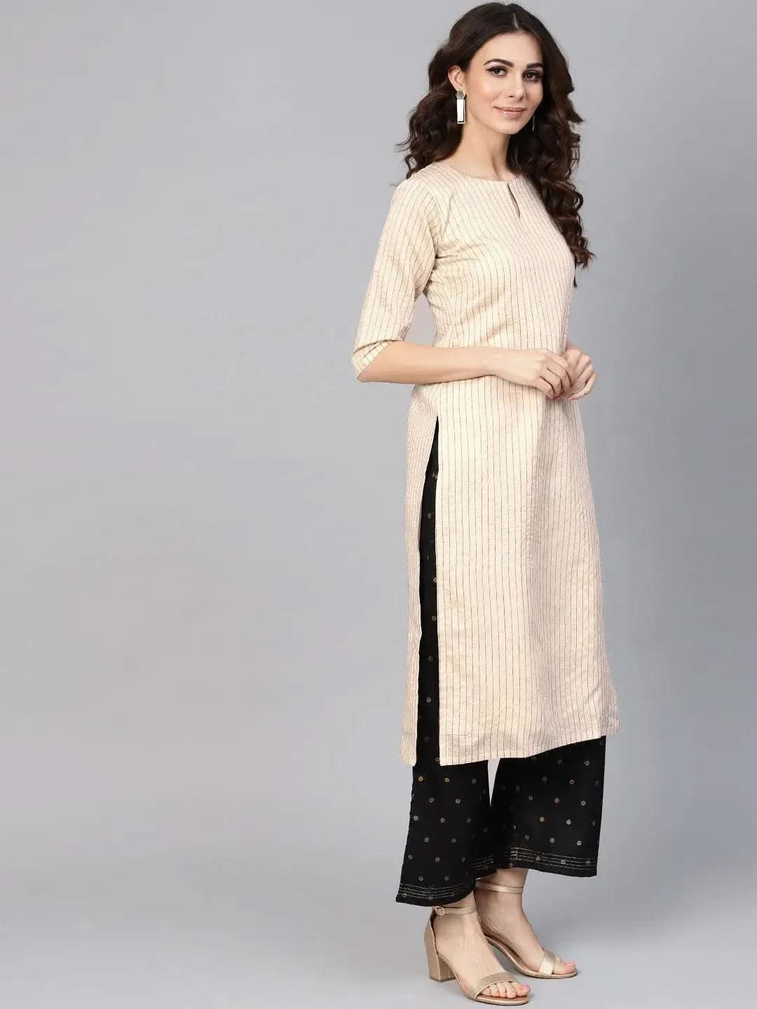 Anouk Beige Striped Chanderi Kurta