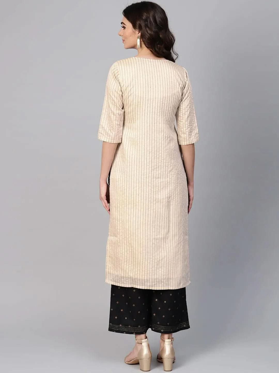 Anouk Beige Striped Chanderi Kurta