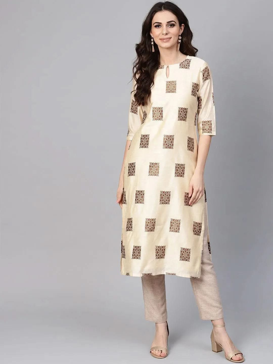 Anouk Beige Woven Design Chanderi Kurta