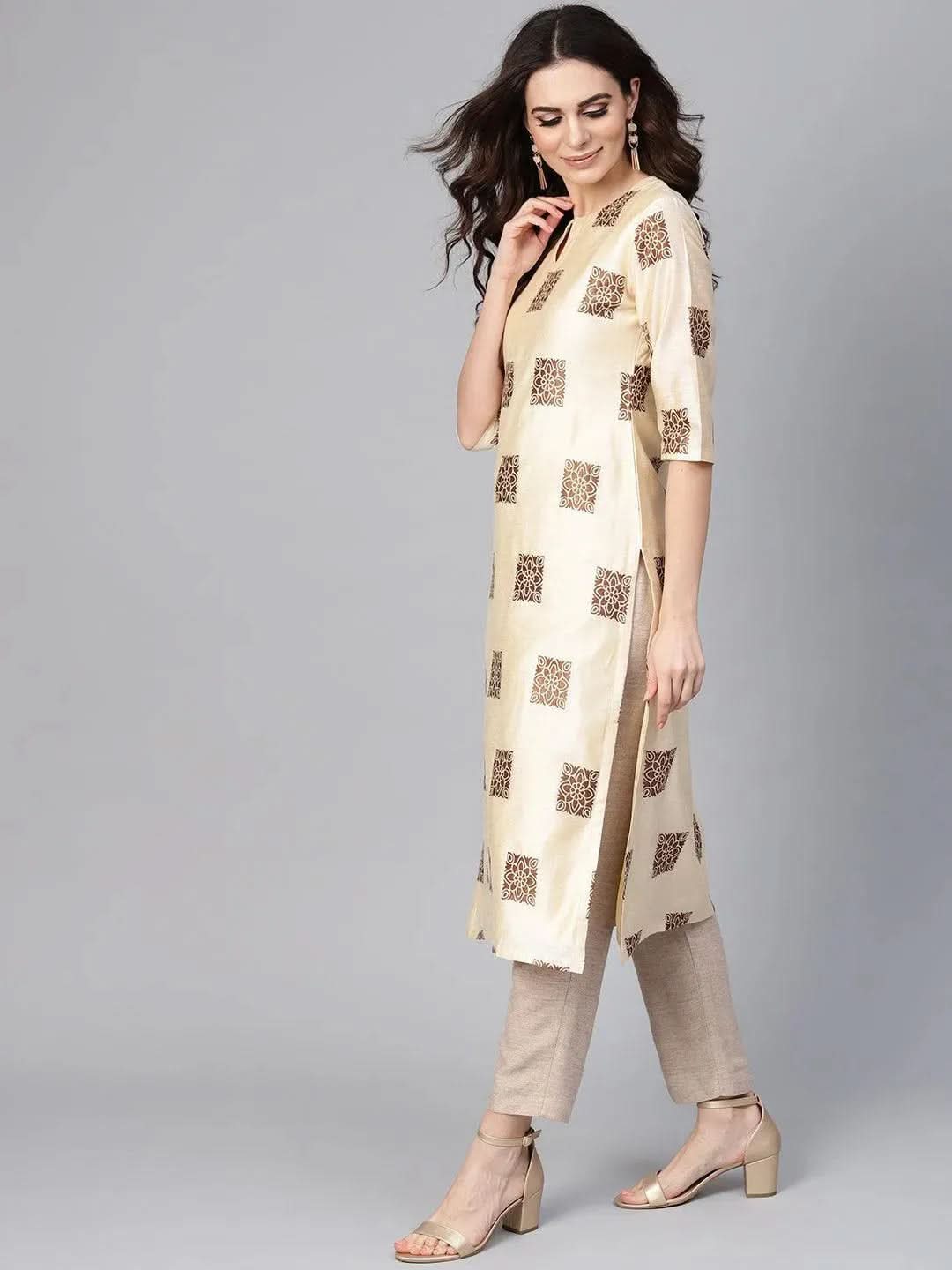 Anouk Beige Woven Design Chanderi Kurta
