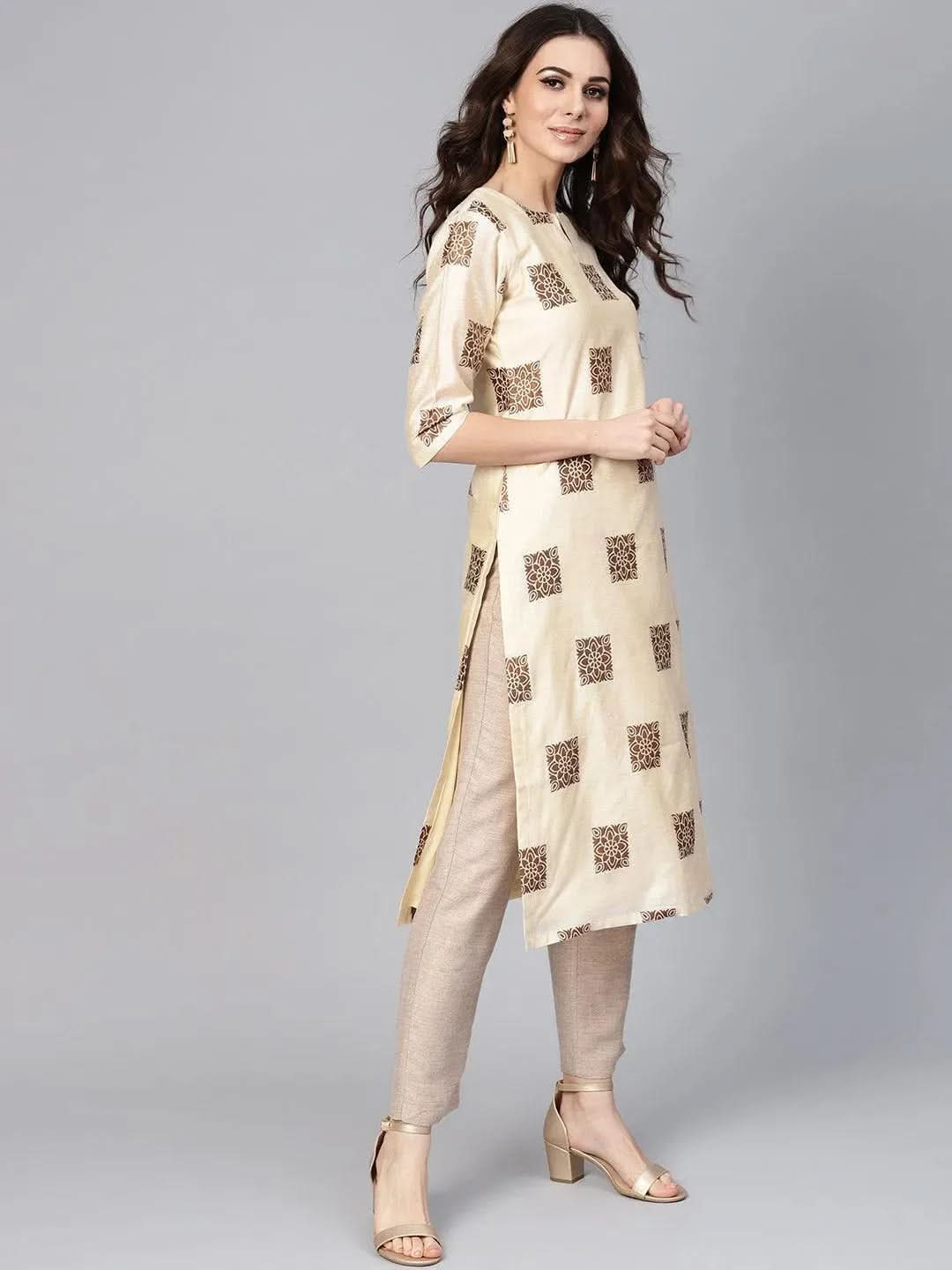Anouk Beige Woven Design Chanderi Kurta
