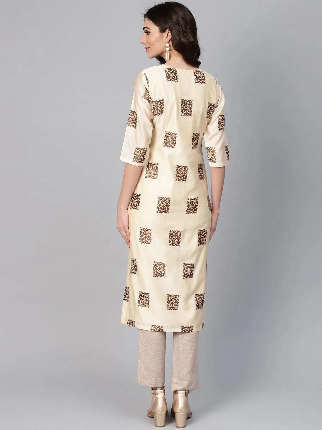 Anouk Beige Woven Design Chanderi Kurta