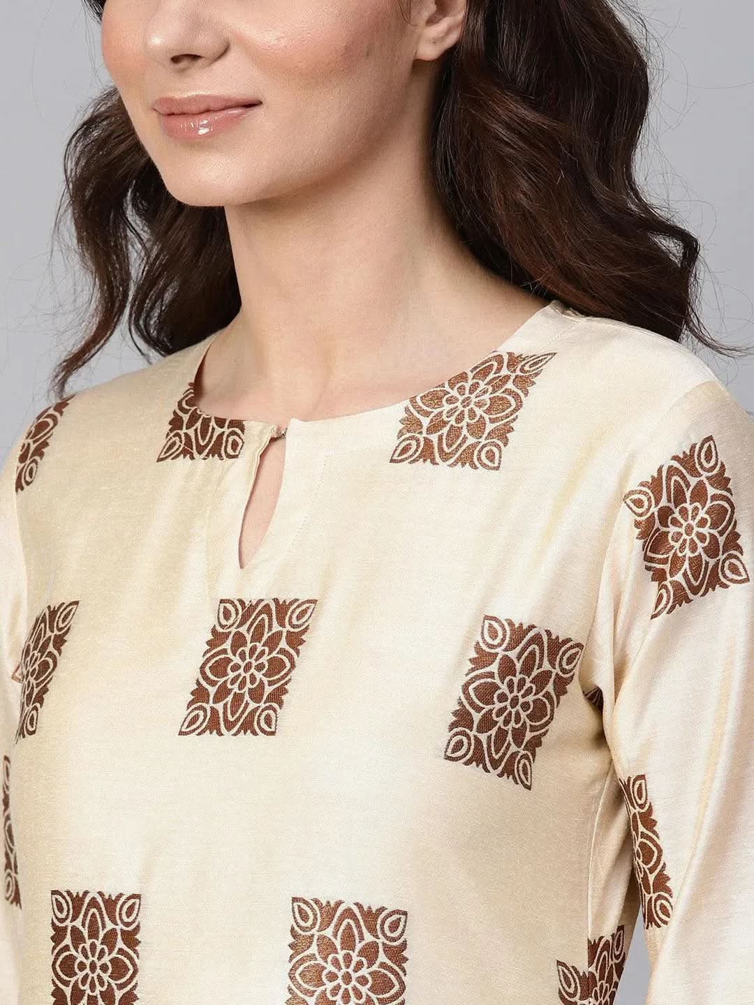 Anouk Beige Woven Design Chanderi Kurta