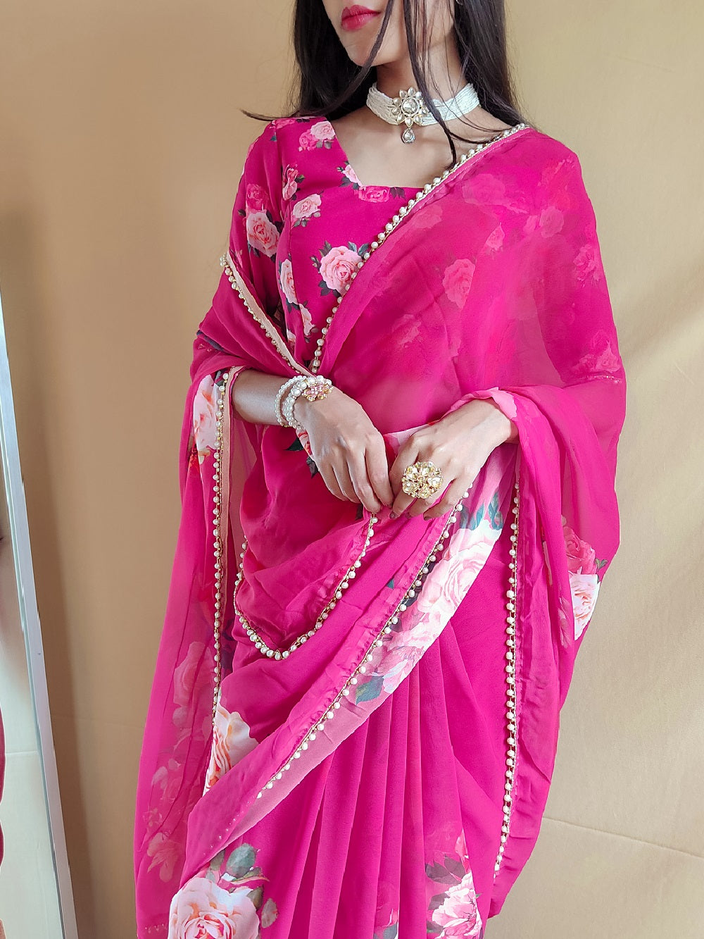 Pink Color Printed With Peral Lace Border Georgette Trending Saree