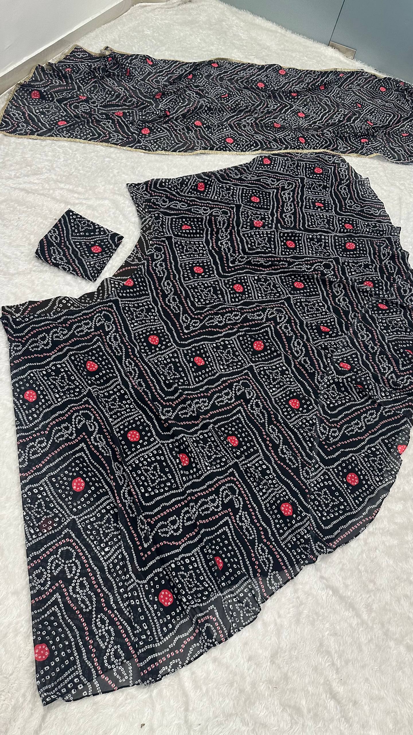 Black Bandhani Print Faux Georgette Lehenga Choli Set with Dupatta –Navratri Special Festive Wear