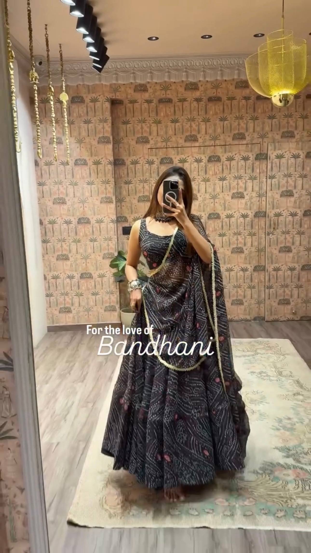 Black Bandhani Print Faux Georgette Lehenga Choli Set with Dupatta –Navratri Special Festive Wear