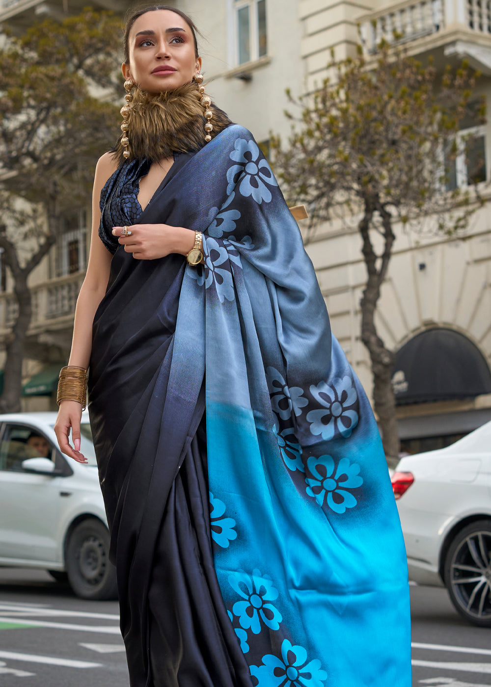Black & Blue Elegant Satin Crepe Saree – A Perfect Blend of Luxury & Grace