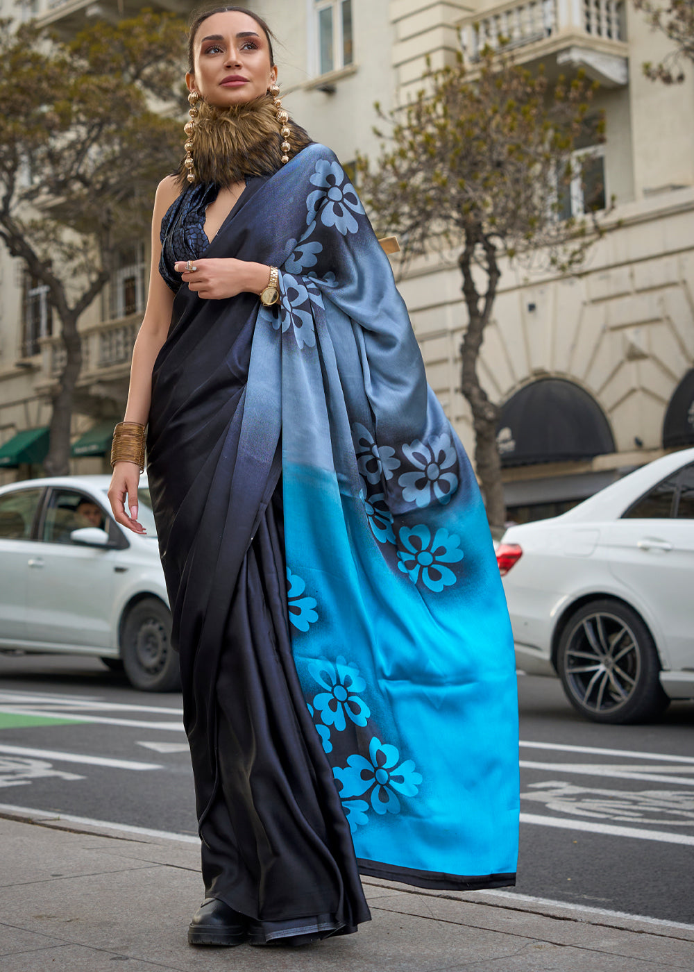 Black & Blue Elegant Satin Crepe Saree – A Perfect Blend of Luxury & Grace