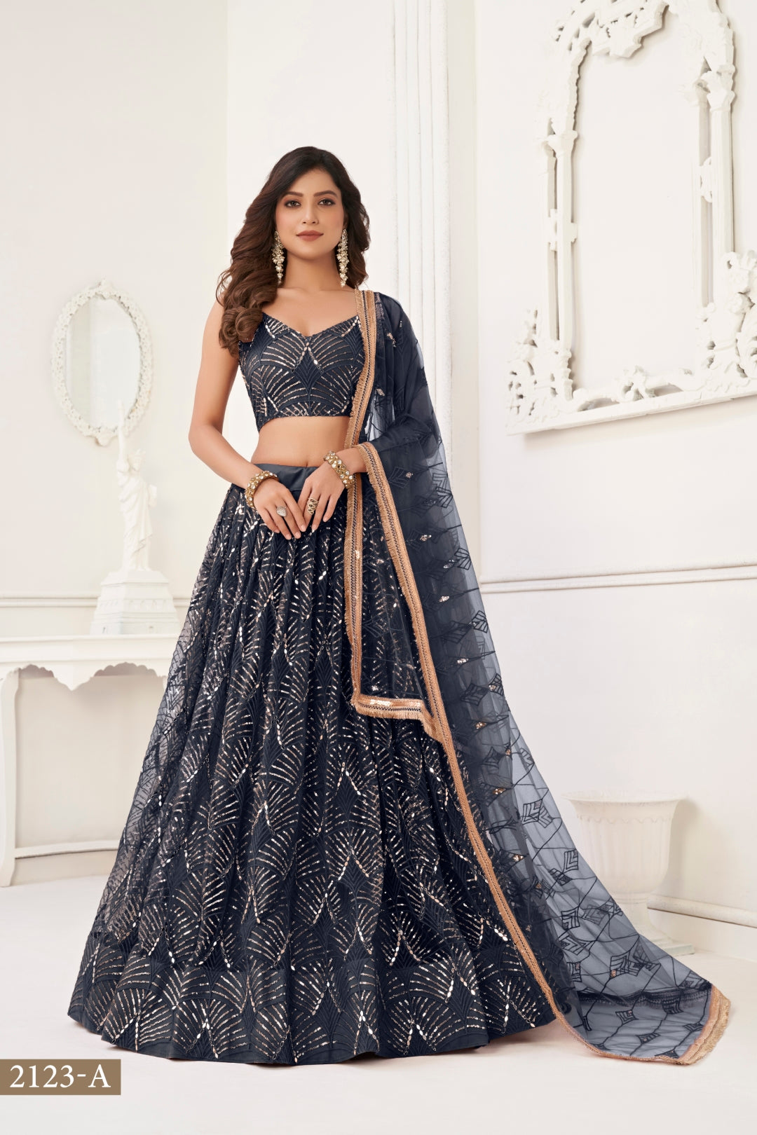 Black Butterfly Net Lehenga with Tone-to-Tone Thread Work and Mirror Embroidery