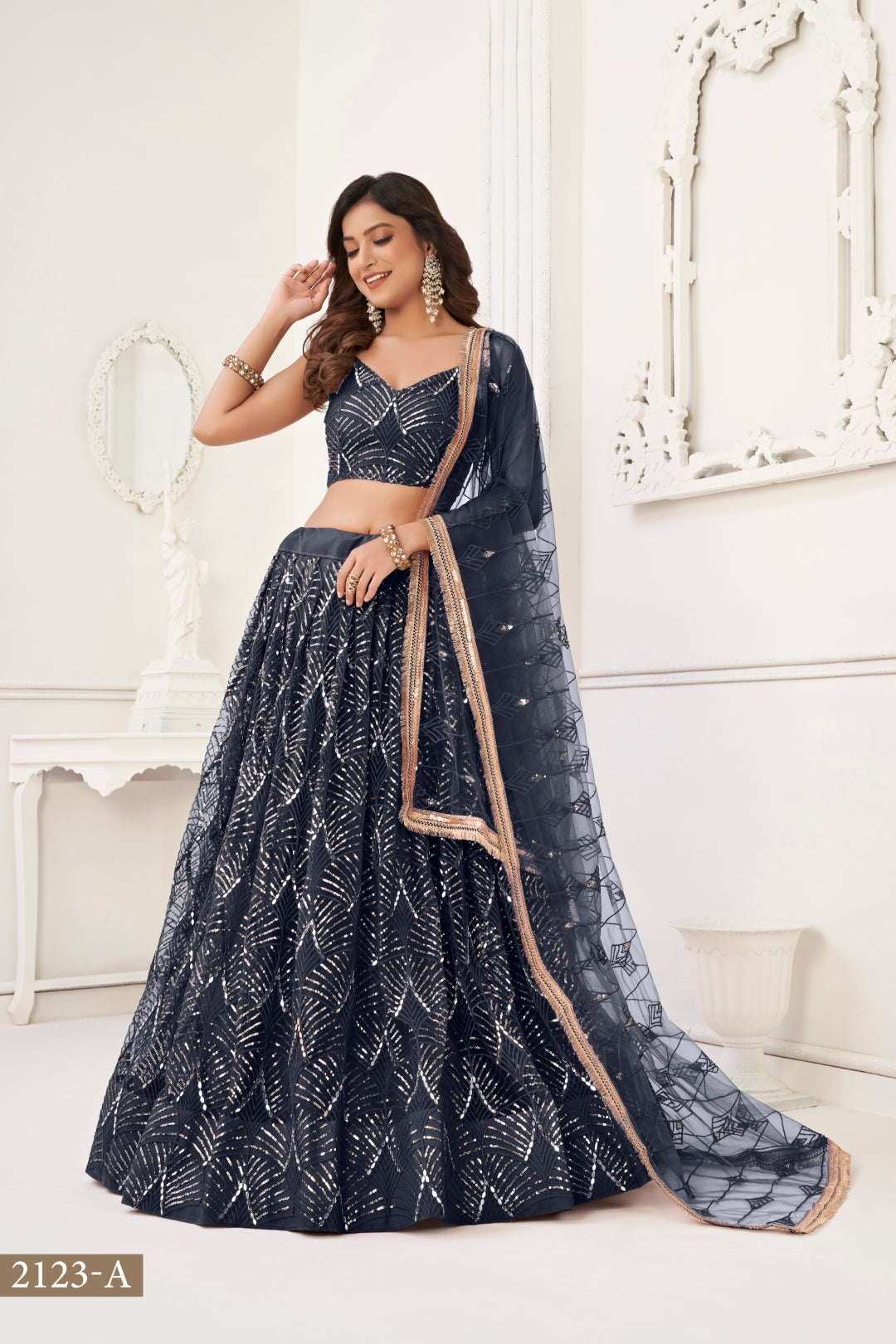 Black Butterfly Net Lehenga with Tone-to-Tone Thread Work and Mirror Embroidery