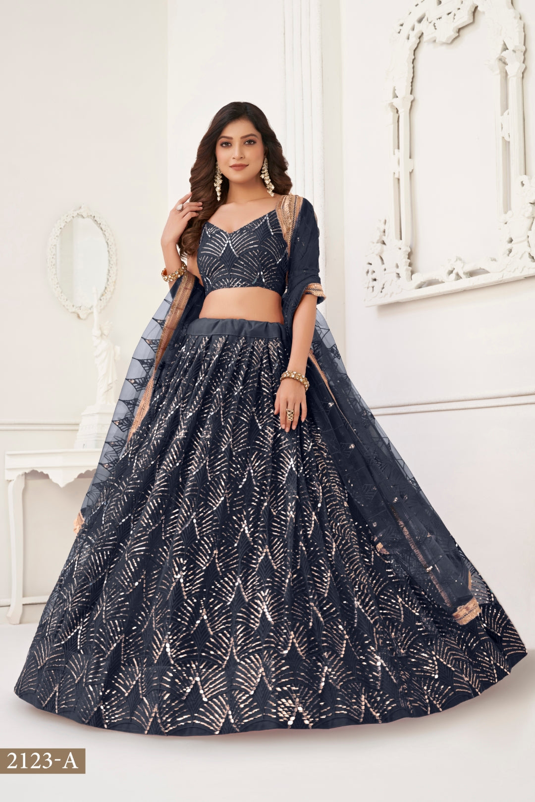 Black Butterfly Net Lehenga with Tone-to-Tone Thread Work and Mirror Embroidery