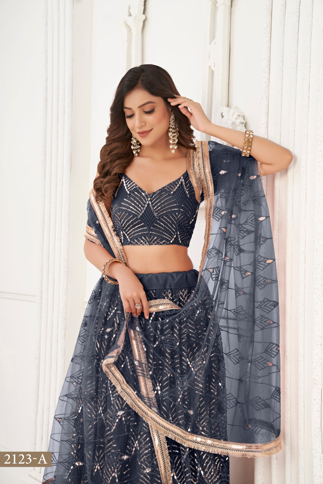 Black Butterfly Net Lehenga with Tone-to-Tone Thread Work and Mirror Embroidery