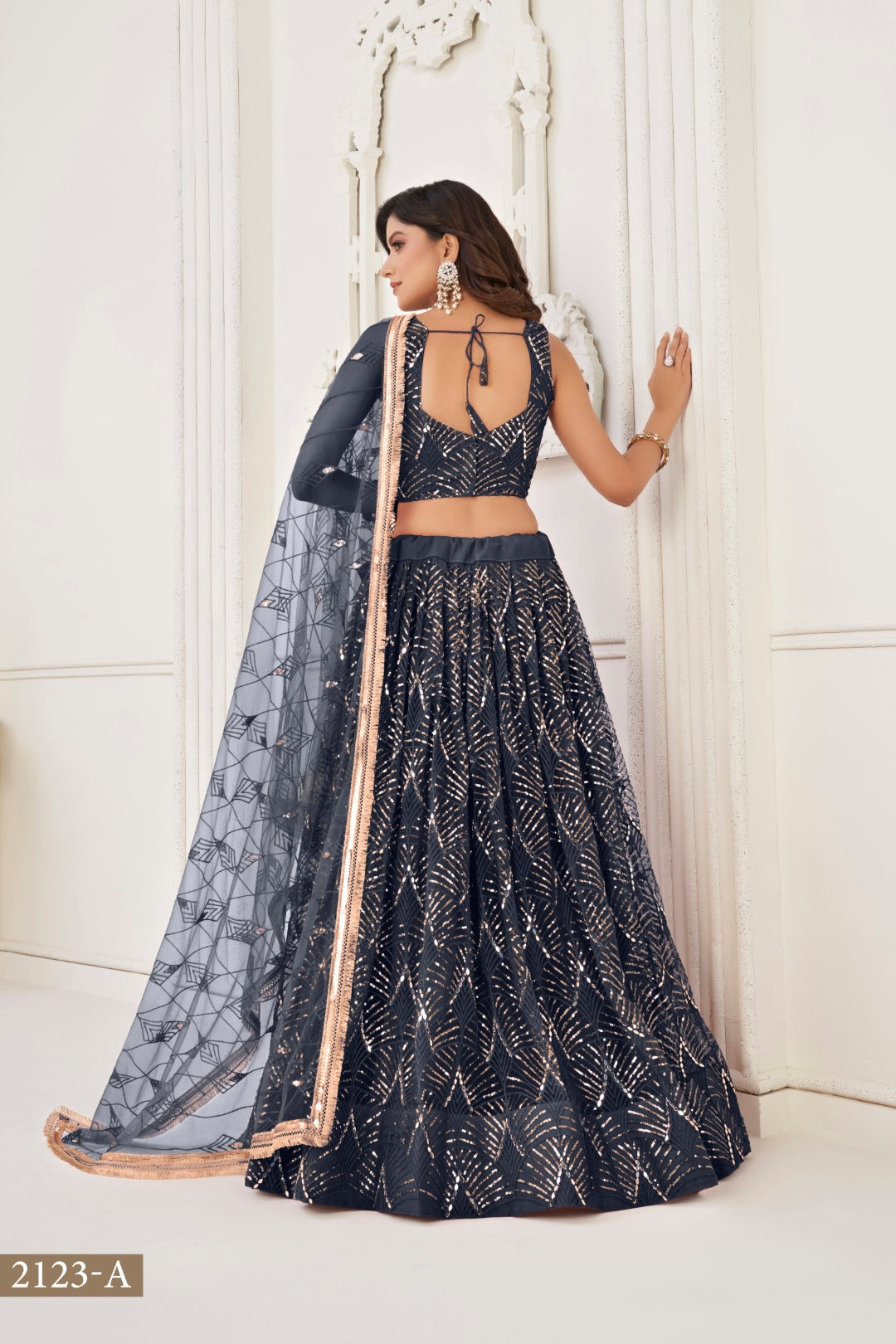Black Butterfly Net Lehenga with Tone-to-Tone Thread Work and Mirror Embroidery