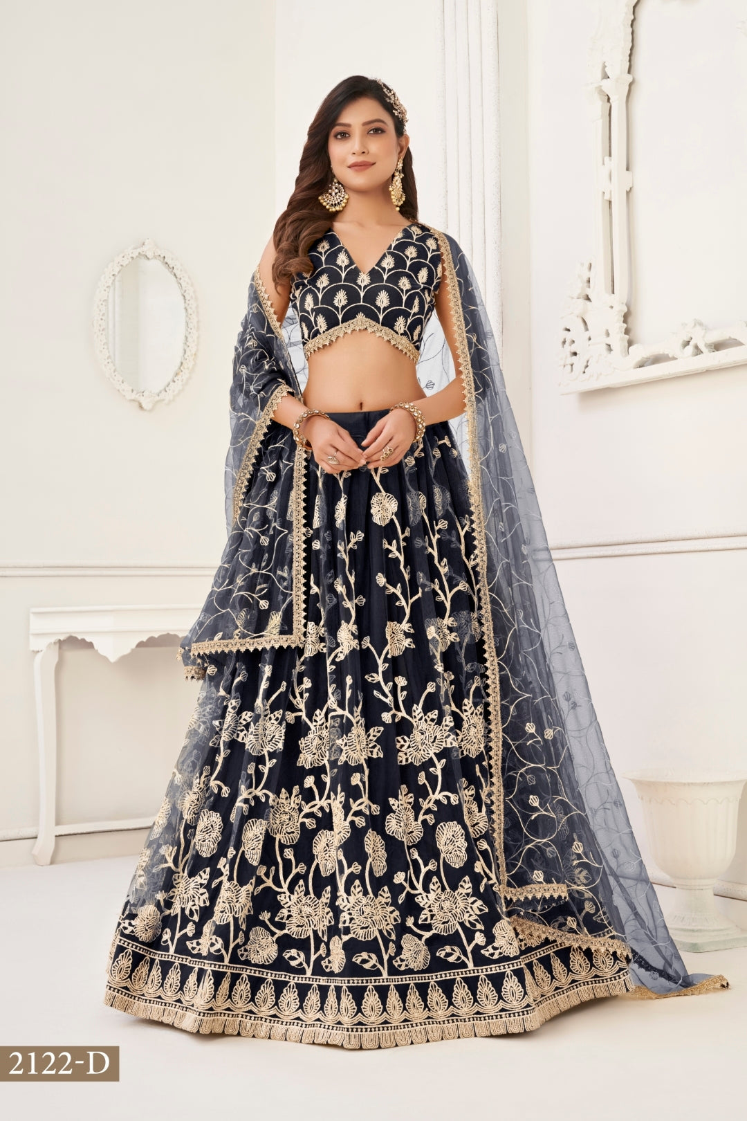 Black Butterfly Net Lehenga with White Cotton Thread Work and Sequence Embroidery