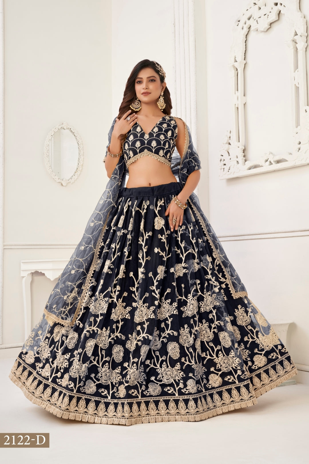 Black Butterfly Net Lehenga with White Cotton Thread Work and Sequence Embroidery