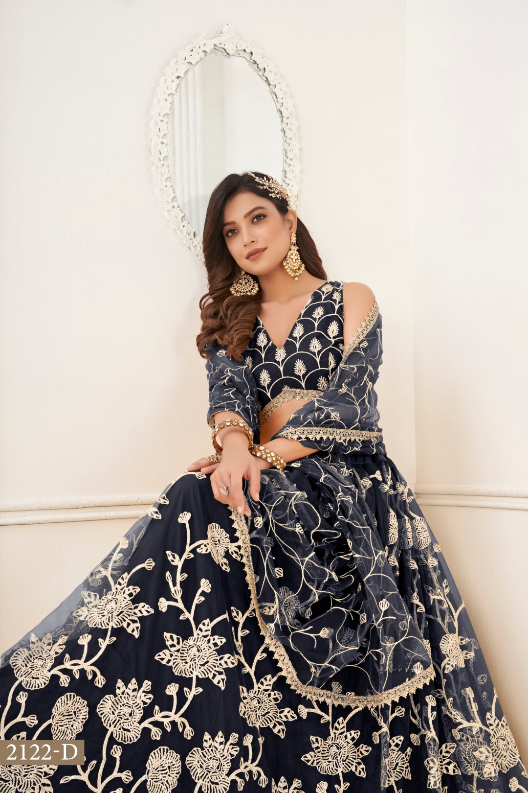 Black Butterfly Net Lehenga with White Cotton Thread Work and Sequence Embroidery