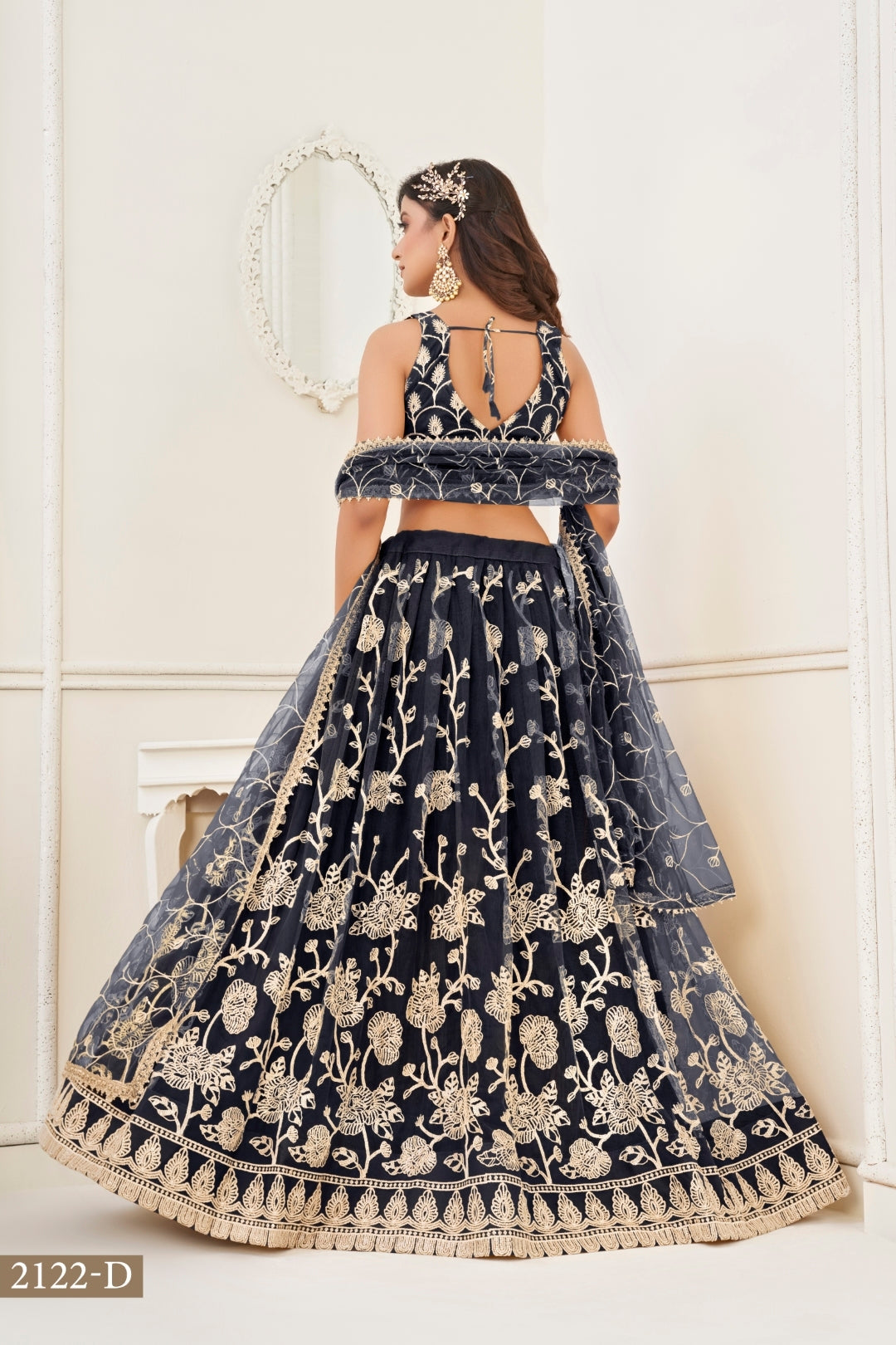 Black Butterfly Net Lehenga with White Cotton Thread Work and Sequence Embroidery
