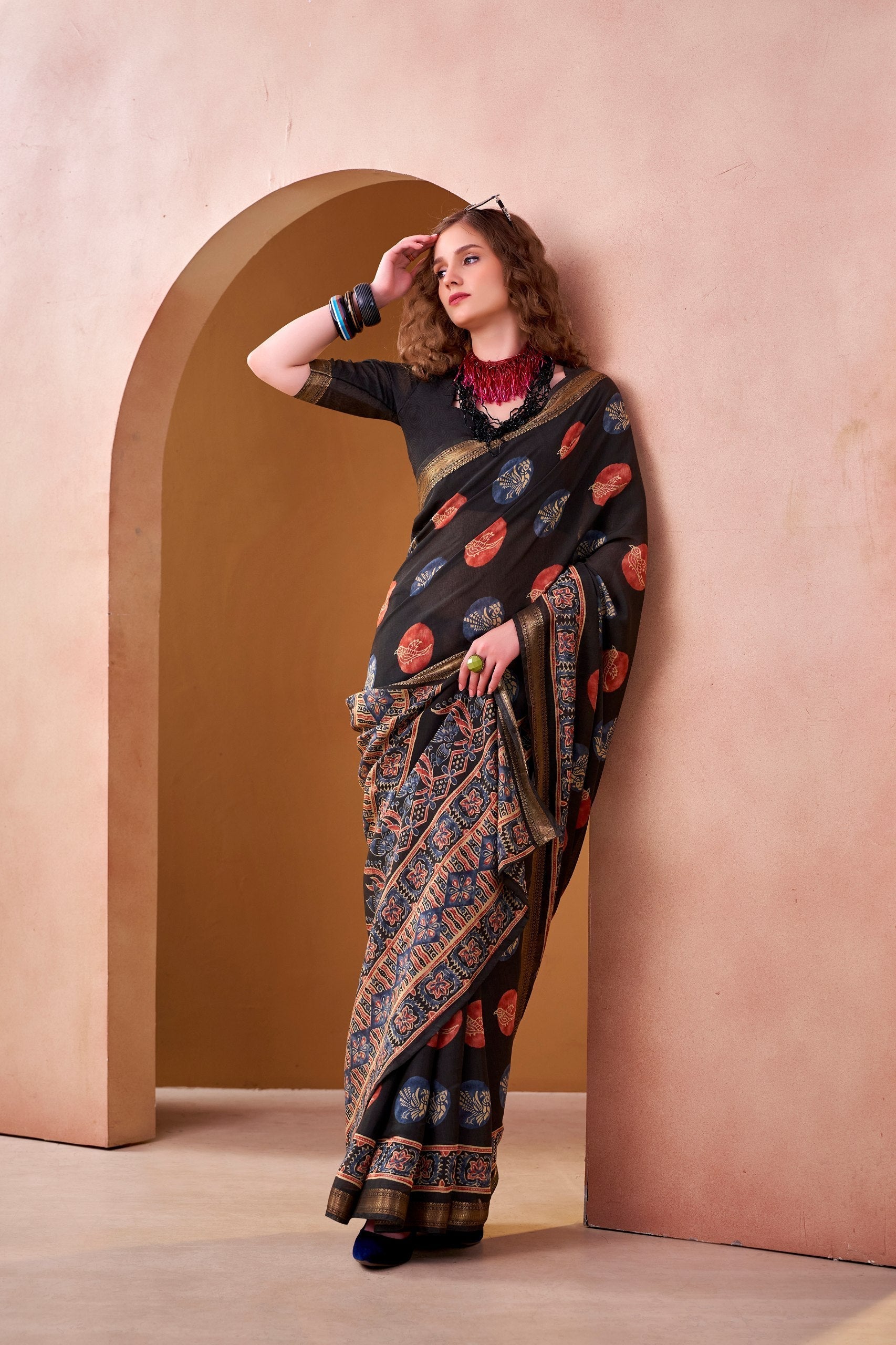Black Chanderi Printed Saree