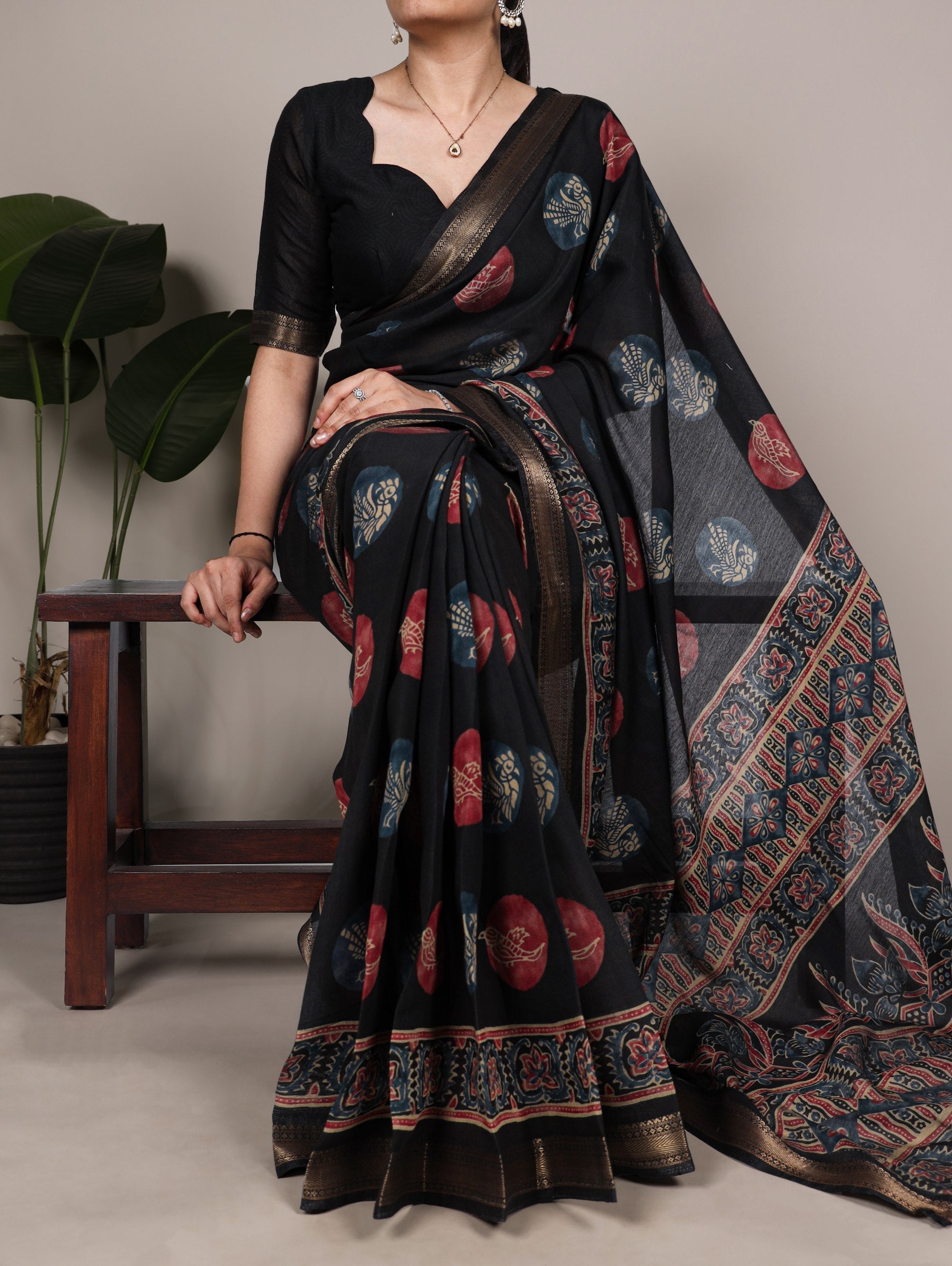 Black Chanderi Printed Saree