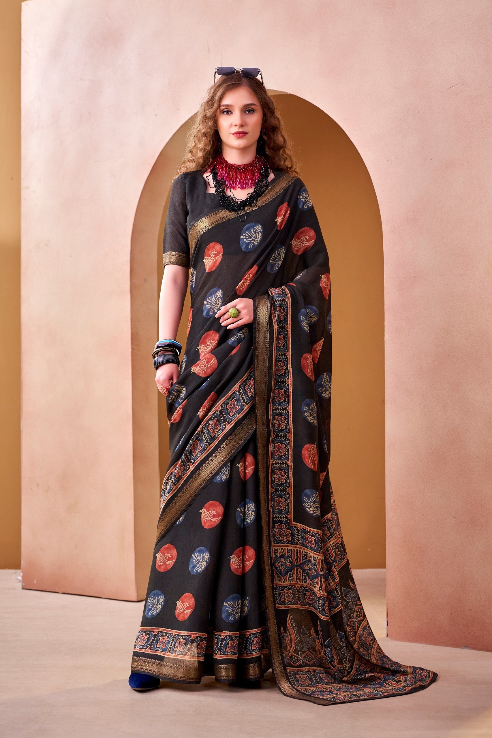 Black Chanderi Printed Saree