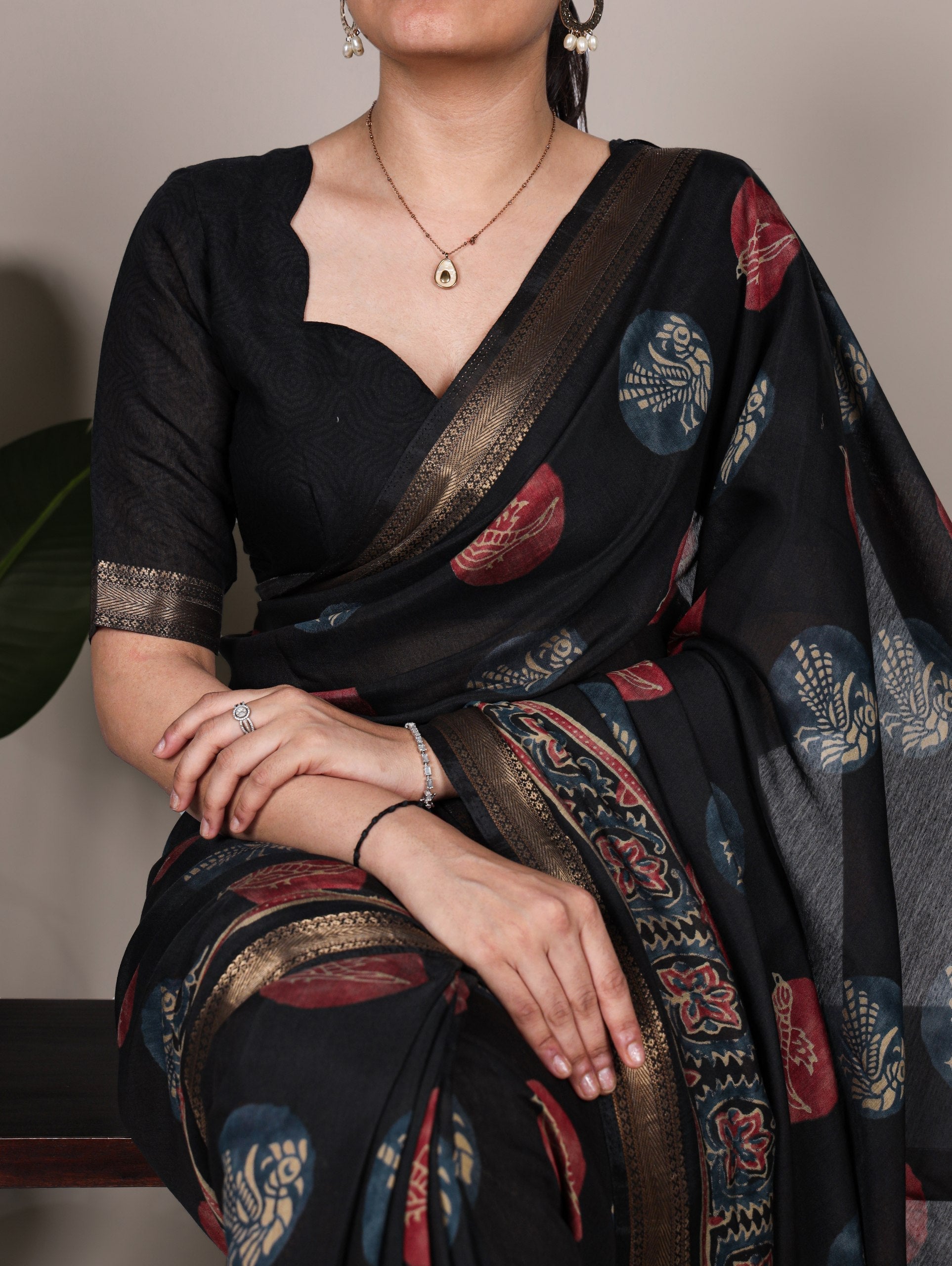 Black Chanderi Printed Saree
