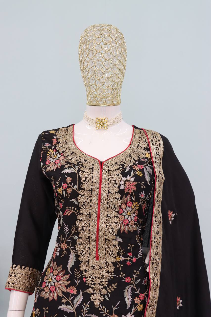 Black Chinon Embroidered Suit Set with Dupatta