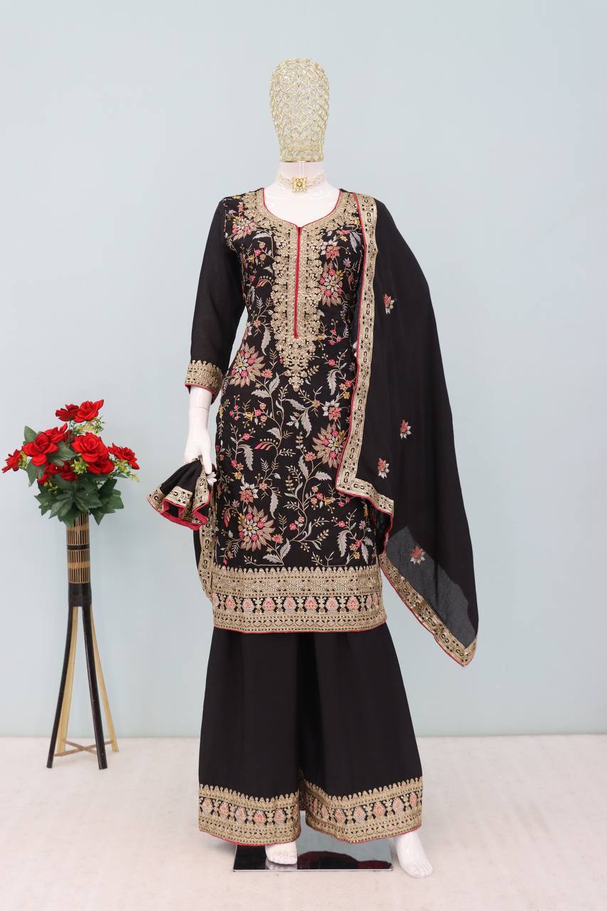 Black Chinon Embroidered Suit Set with Dupatta