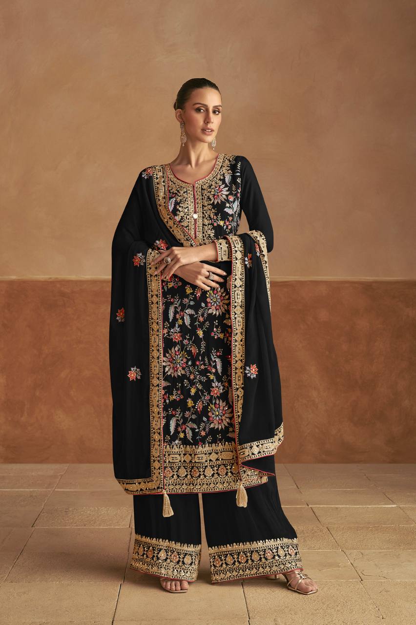 Black Chinon Embroidered Suit Set with Dupatta
