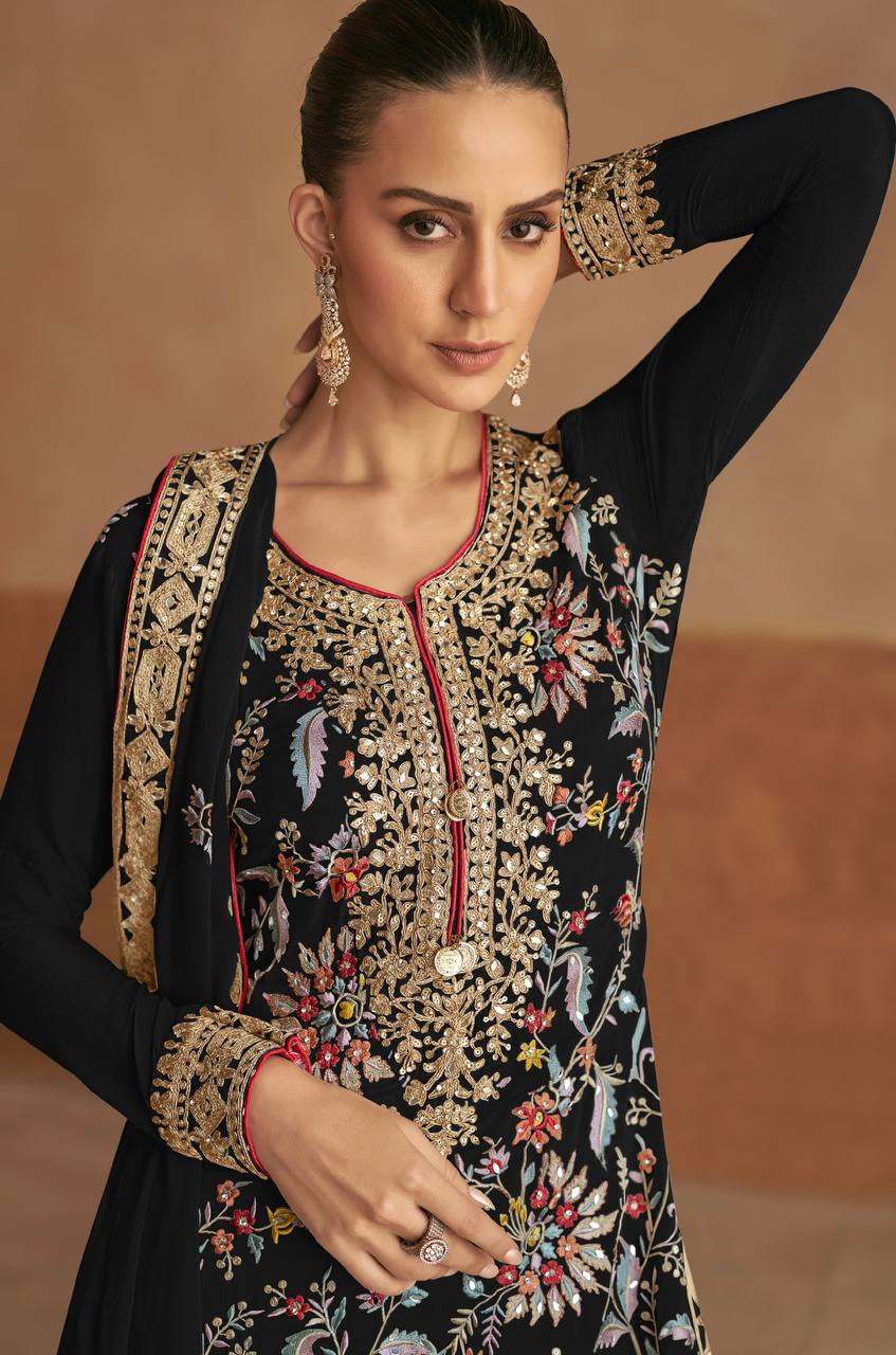 Black Chinon Embroidered Suit Set with Dupatta