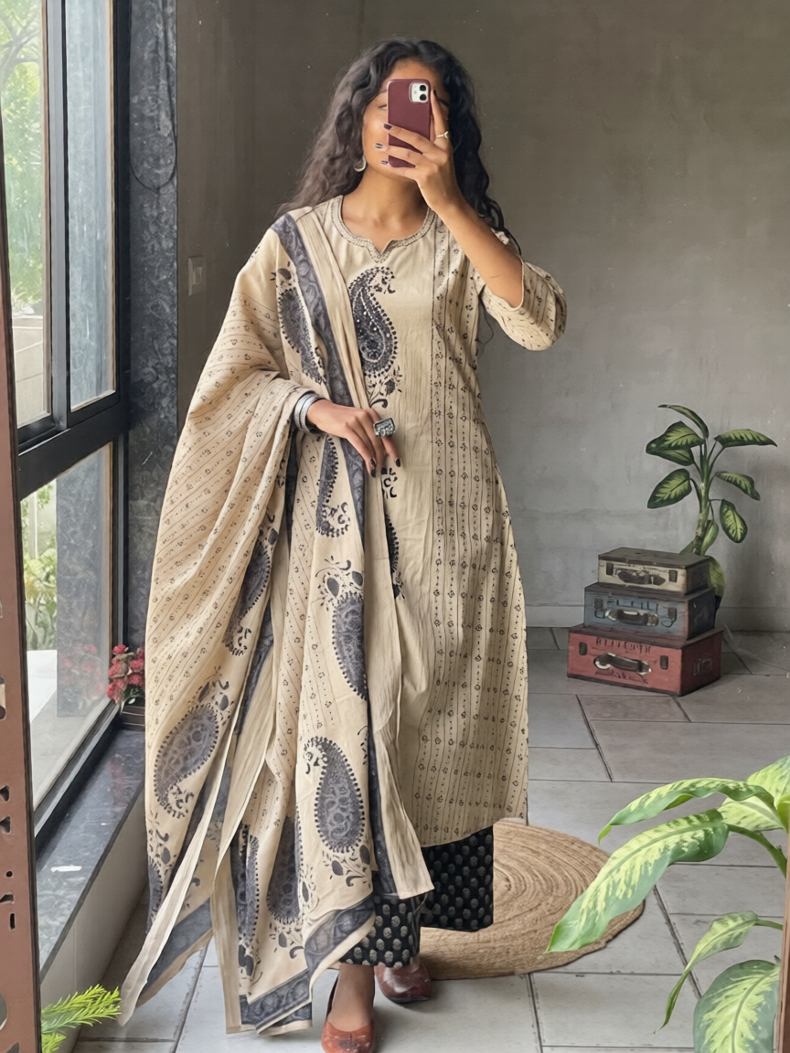 Black Cotton 60×60 Kairi Print Suit Set with Malmal Dupatta