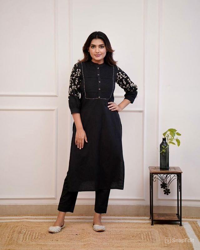 Black Cotton Kurti Pant Set with Embroidery & Pintex Detailing (Kurta 44", Pant 38")