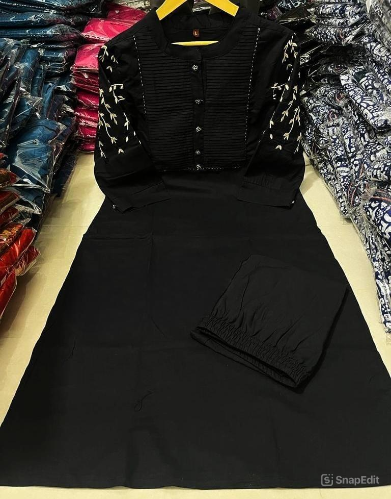 Black Cotton Kurti Pant Set with Embroidery & Pintex Detailing (Kurta 44", Pant 38")