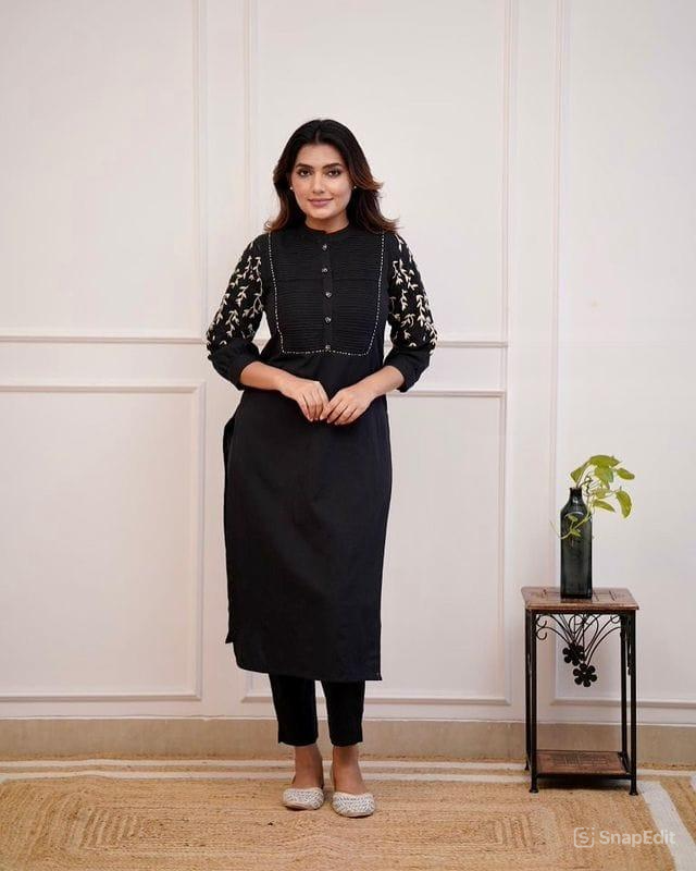 Black Cotton Kurti Pant Set with Embroidery & Pintex Detailing (Kurta 44", Pant 38")