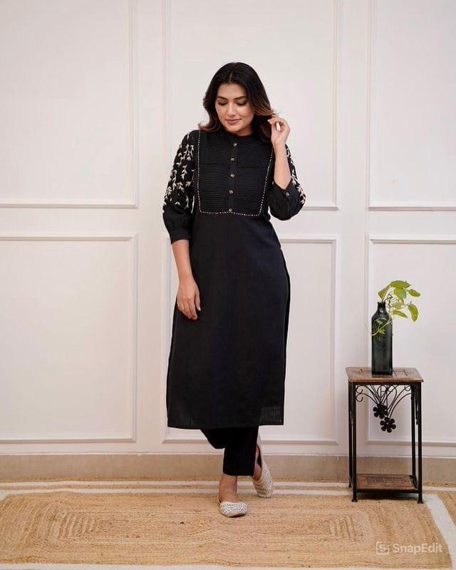 Black Cotton Kurti Pant Set with Embroidery & Pintex Detailing (Kurta 44", Pant 38")