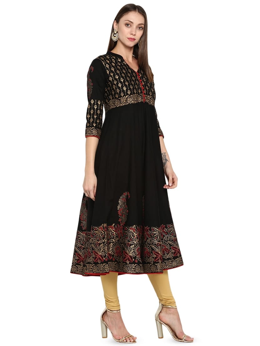 Black Cotton Printed Anarkali Kurta – 48" Length